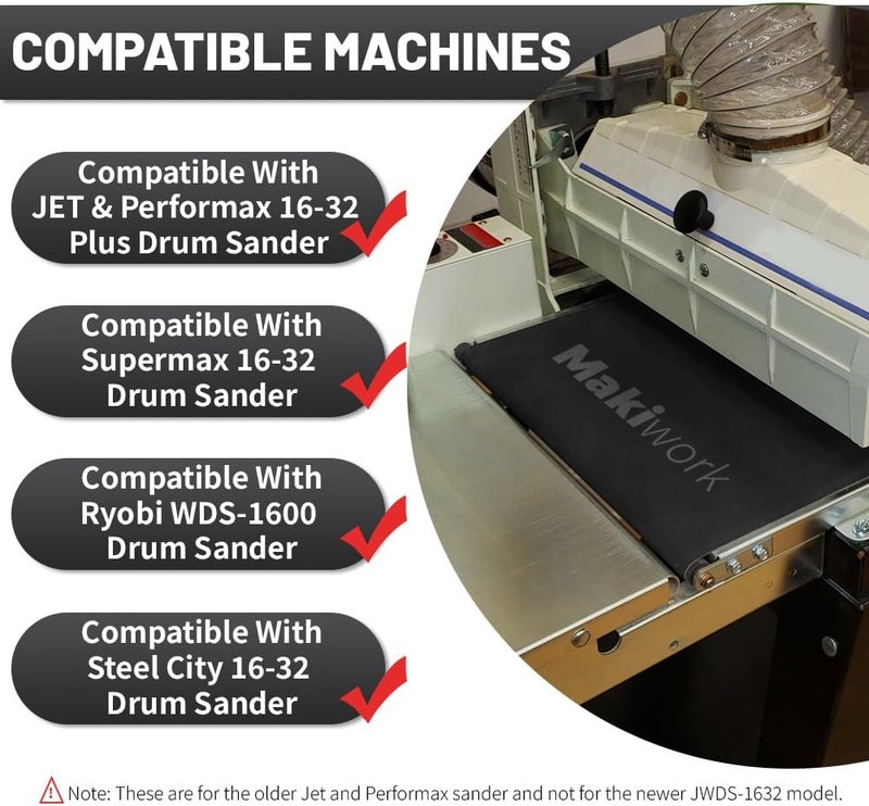makiwork Drum Sander Feed Belt Conveyor - Compatible with JET & Performax 16-32 Plus Drum Sander, Silicon Carbide, 16-1/4" x 43-1/2", 120 Grit - Image 4